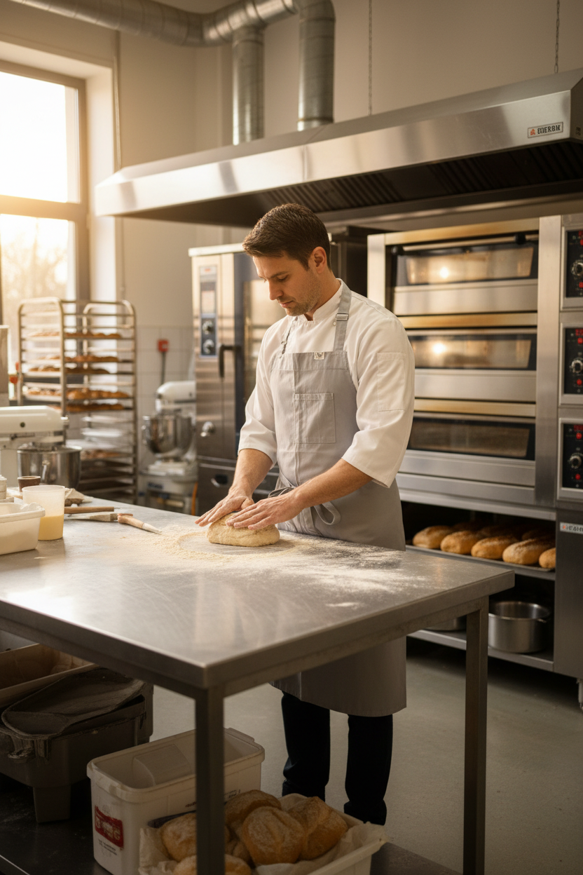 Male baker wearing silver apron with three top pockets in professional baking kitchen