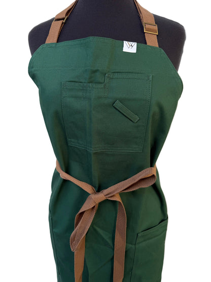 Vancouver 02 Apron (green cotton twill - tan brown straps)