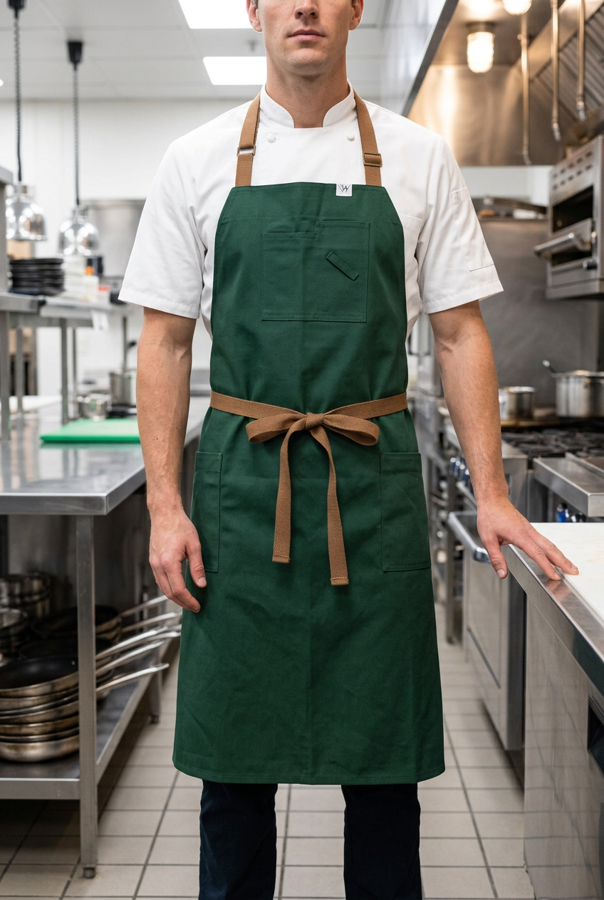 Vancouver 02 Apron (green cotton twill - tan brown straps)