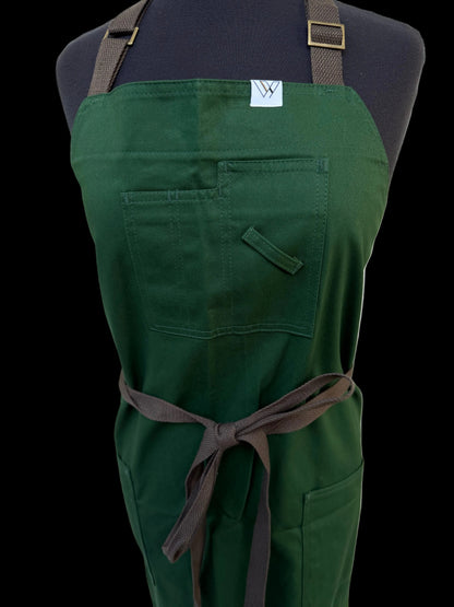 Vancouver 02 Apron (green cotton twill- dark brown straps)