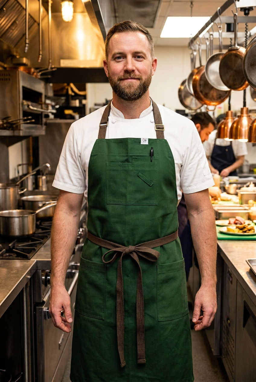 Vancouver 02 Apron (green cotton twill- dark brown straps)
