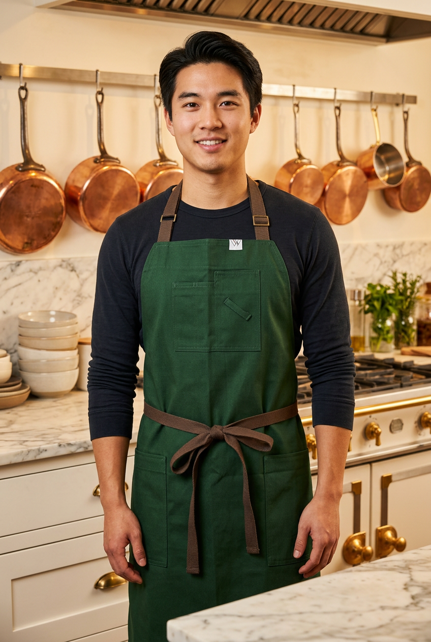Vancouver 02 Apron (green cotton twill- dark brown straps)