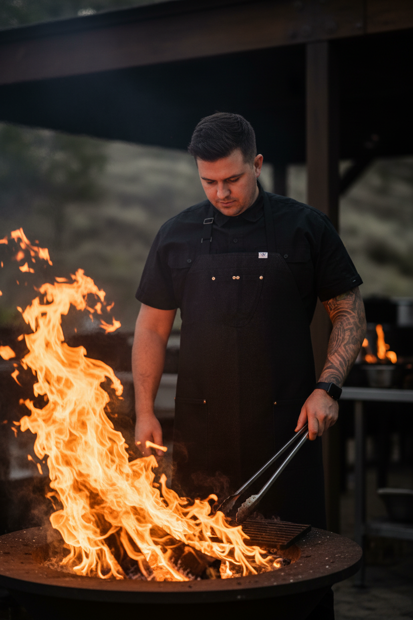 Chef in black denim apron cooking over fire