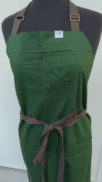 Vancouver 02 Apron (green cotton twill- dark brown straps)