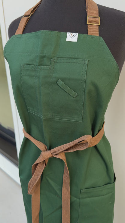 Vancouver 02 Apron (green cotton twill - tan brown straps)