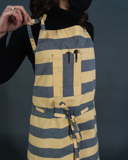 Vancouver 62 chef apron (yellow and gray wide stripe cotton)
