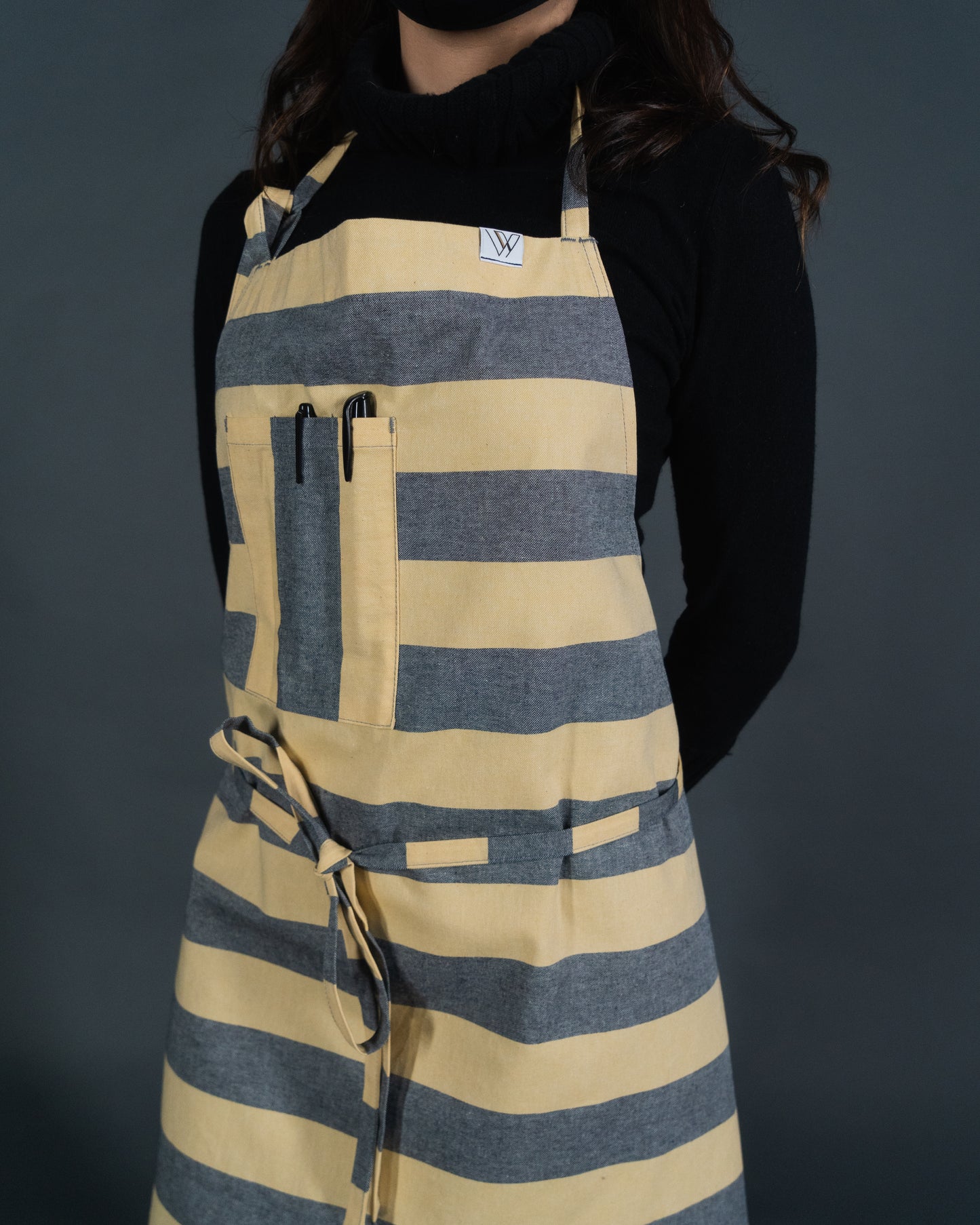 Vancouver 62 chef apron (yellow and gray wide stripe cotton)